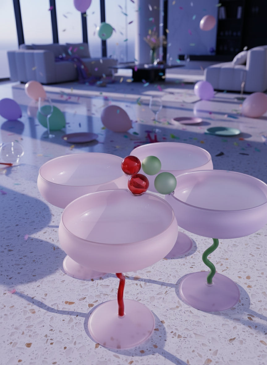 Set of colourful cocktail glasses on a terrazzo counter